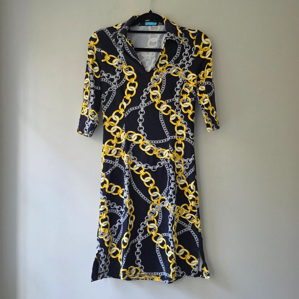 J. McLaughlin Chain Link Print Dress | XS | Stretch 3/4 Sleeves Collar V Neck